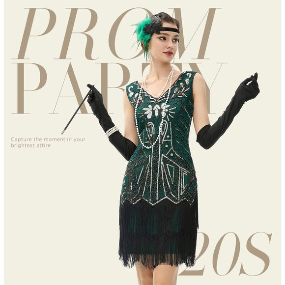 Women’s Flapper Dresses Set 1920s V Neck Beaded Fringed Great Gatsby Dress🐭 Accessories
